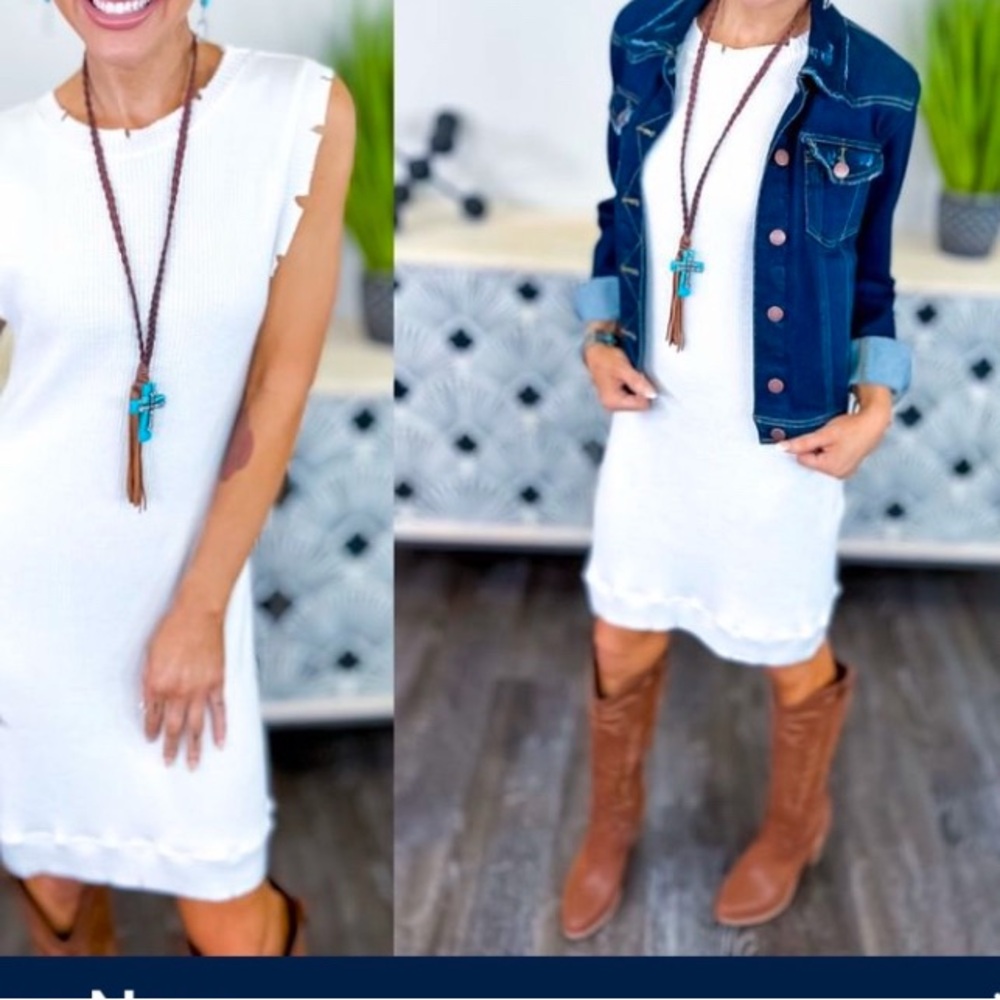 NWOT White Knit Dress. Distressed/frayed neckline and hem. Sleeveless